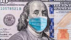 Franklin with a medical mask on a 100 dollar bill