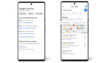 Two smartphones displaying the Medicare and Medicaid information in search as well as the Medicaid filtering feature. 