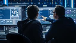 Two people sitting in front of three computer monitors analyzing data on the screen