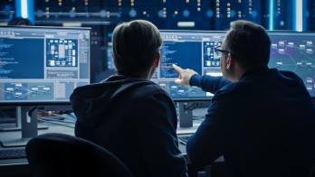 Two people sitting in front of three computer monitors analyzing data on the screen