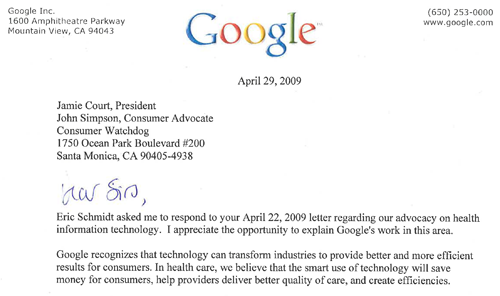 Google response to Consumer Watchdog